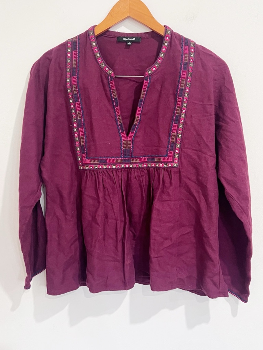 EUC Madewell Burgundy/ Maroon Embroidered Bohème Cotton Wool Blend Peasant Top
